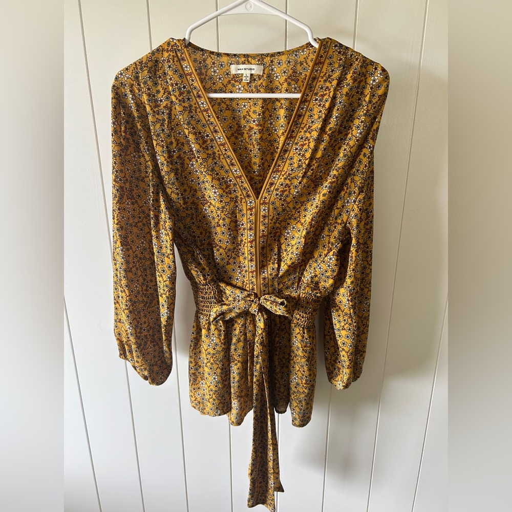 Max Studio Golden Floral Wrap Top